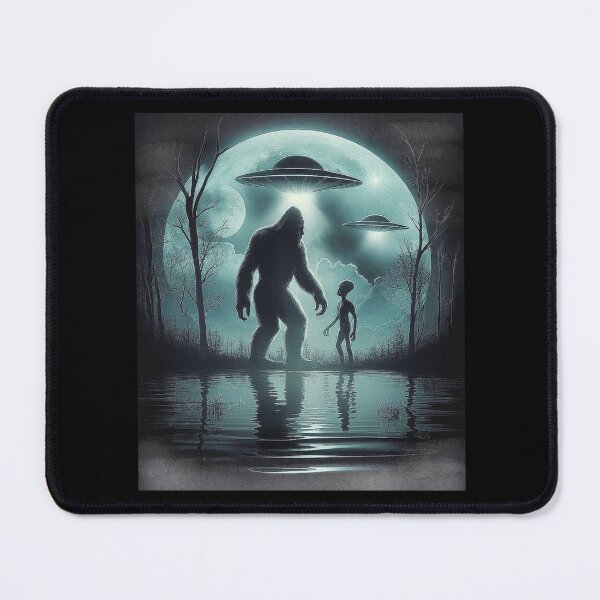Item preview, Bigfoot and Alien Under UFO Lights in Mystical Forest designed and sold by love3617.