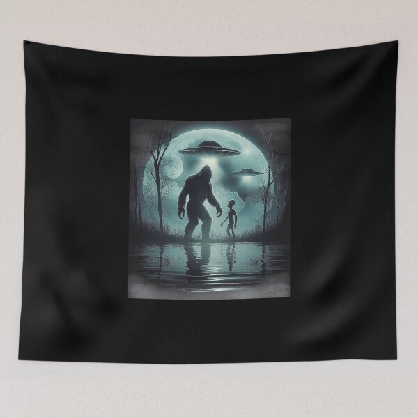 Item preview, Bigfoot and Alien Under UFO Lights in Mystical Forest designed and sold by love3617.