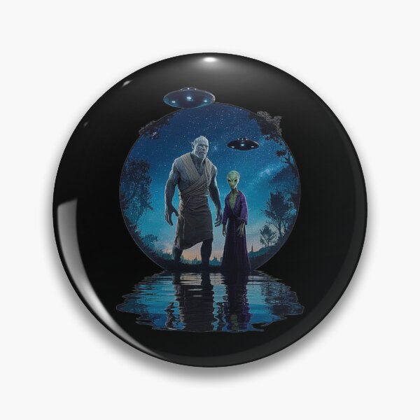 Item preview, Alien and Warrior Giant Under UFO-Lit Night Sky designed and sold by love3617.