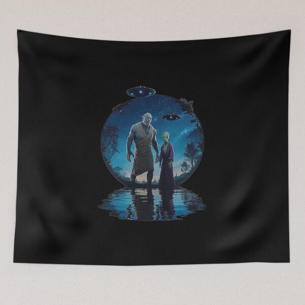 Item preview, Alien and Warrior Giant Under UFO-Lit Night Sky designed and sold by love3617.