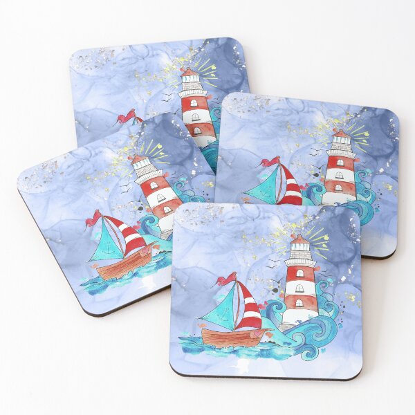 Item preview, "Maritim" watercolor lighthouse and boats designed and sold by miazephyr.