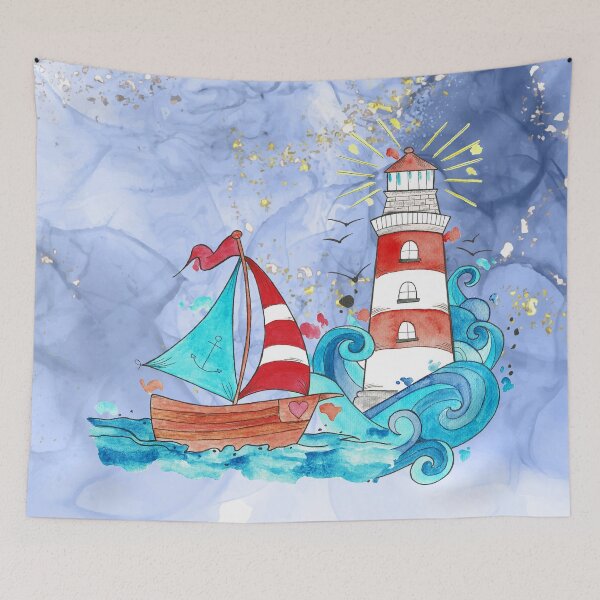 Item preview, "Maritim" watercolor lighthouse and boats designed and sold by miazephyr.