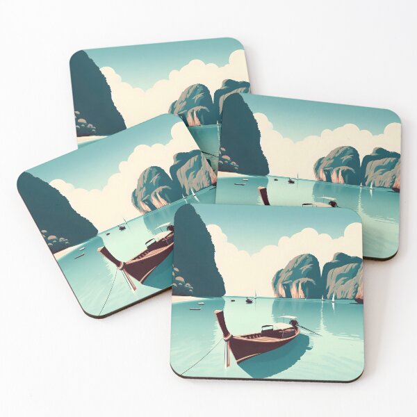 Item preview, Minimalist Clipart-Style Illustration of Maya Bay Island with Long-Tail Boat Perspective designed and sold by inkNext.