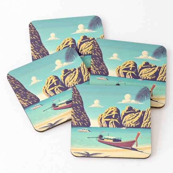 Item preview, Serene Illustration of Maya Bay Island with Long-Tail Boat on Sandy Beach designed and sold by inkNext.