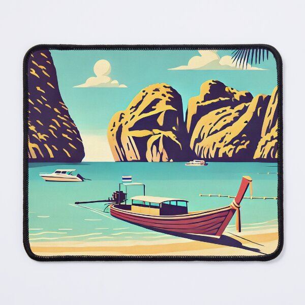 Item preview, Serene Illustration of Maya Bay Island with Long-Tail Boat on Sandy Beach designed and sold by inkNext.