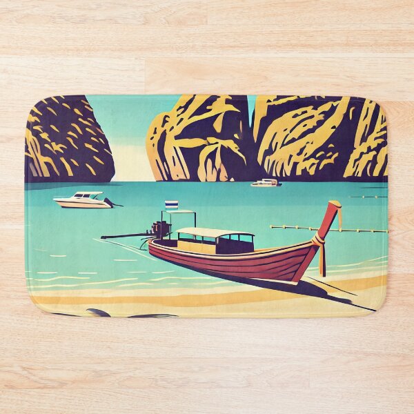 Item preview, Serene Illustration of Maya Bay Island with Long-Tail Boat on Sandy Beach designed and sold by inkNext.