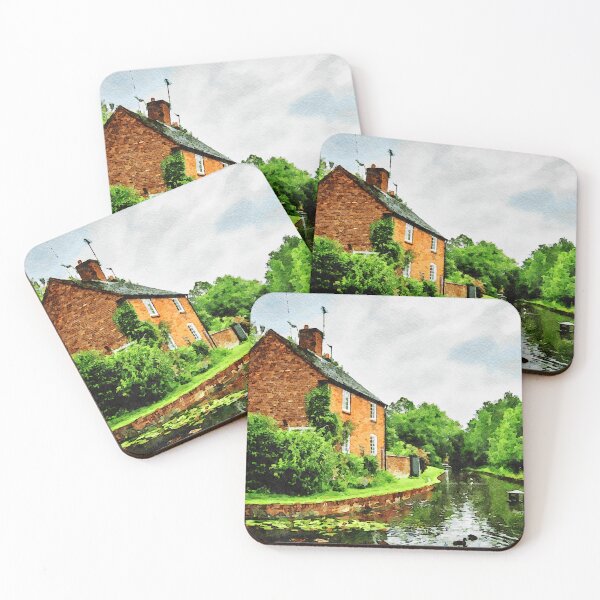 Item preview, Watercolor painting of Shropshire Hills landscape with brick cottage and canal designed and sold by GestaltImagery.