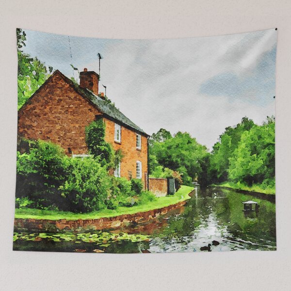 Item preview, Watercolor painting of Shropshire Hills landscape with brick cottage and canal designed and sold by GestaltImagery.