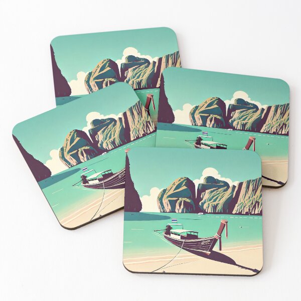 Item preview, Minimalist Illustration of Maya Bay Island with Long-Tail Boat on Sandy Beach designed and sold by inkNext.