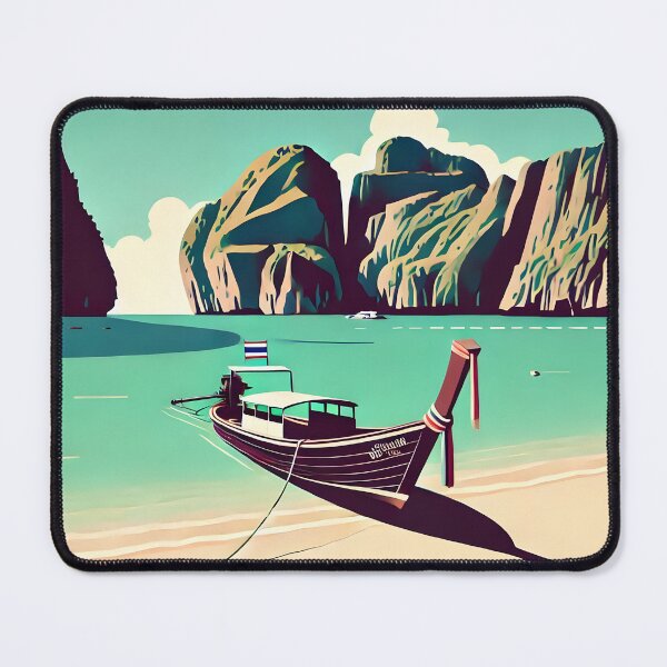 Item preview, Minimalist Illustration of Maya Bay Island with Long-Tail Boat on Sandy Beach designed and sold by inkNext.