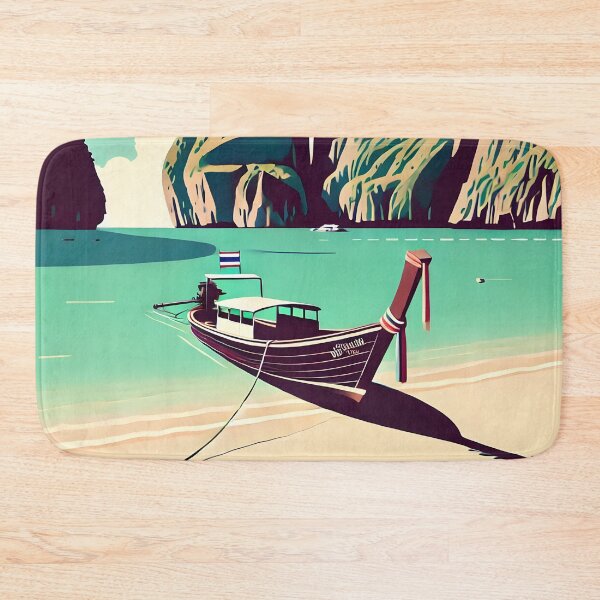 Item preview, Minimalist Illustration of Maya Bay Island with Long-Tail Boat on Sandy Beach designed and sold by inkNext.