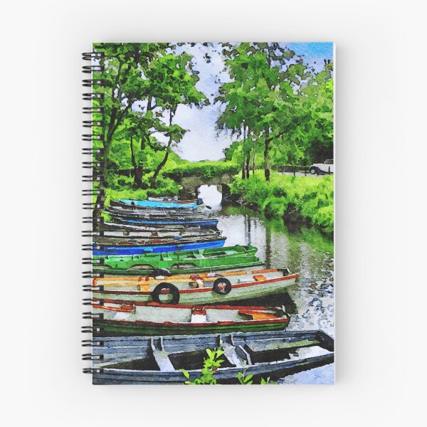 Item preview, Colorful boats lined up along a serene river in Killarney, Ireland watercolor designed and sold by GestaltImagery.