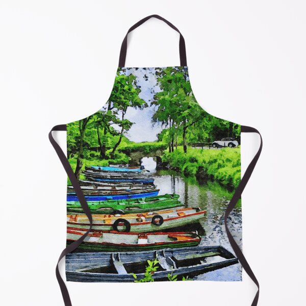 Item preview, Colorful boats lined up along a serene river in Killarney, Ireland watercolor designed and sold by GestaltImagery.