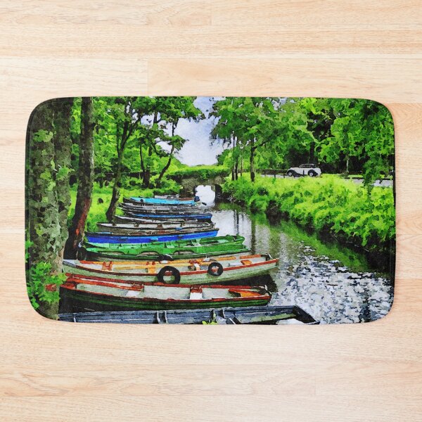 Item preview, Colorful boats lined up along a serene river in Killarney, Ireland watercolor designed and sold by GestaltImagery.