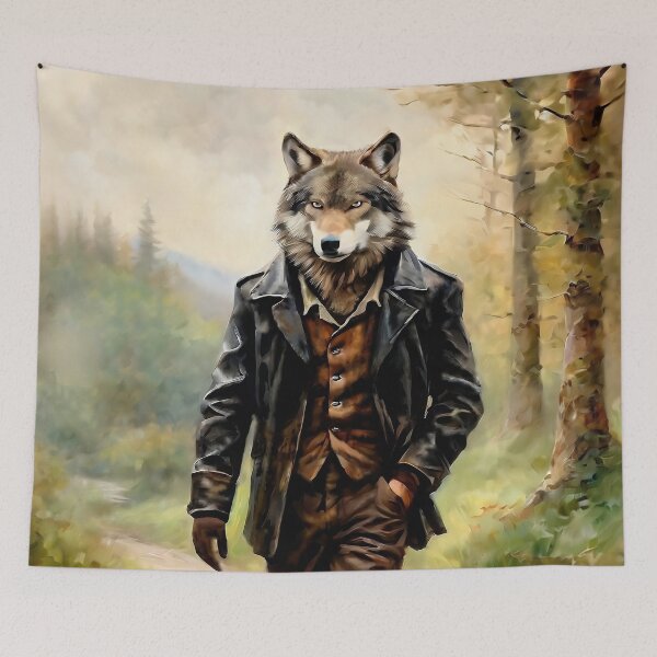 Item preview, Vintage Animal Art: Wolf in Leather Jacket Walking through the Forest | Animal Art | Oil Painting | Animal Portrait designed and sold by UnhingedBird.