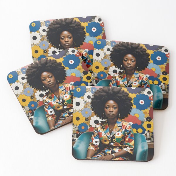 Item preview, A person with a large afro hairstyle sits in a blue chair, wearing a colorful floral outfit that matches the vibrant, flower-patterned wallpaper behind designed and sold by homydesign.