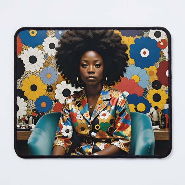 Item preview, A person with a large afro hairstyle sits in a blue chair, wearing a colorful floral outfit that matches the vibrant, flower-patterned wallpaper behind designed and sold by homydesign.