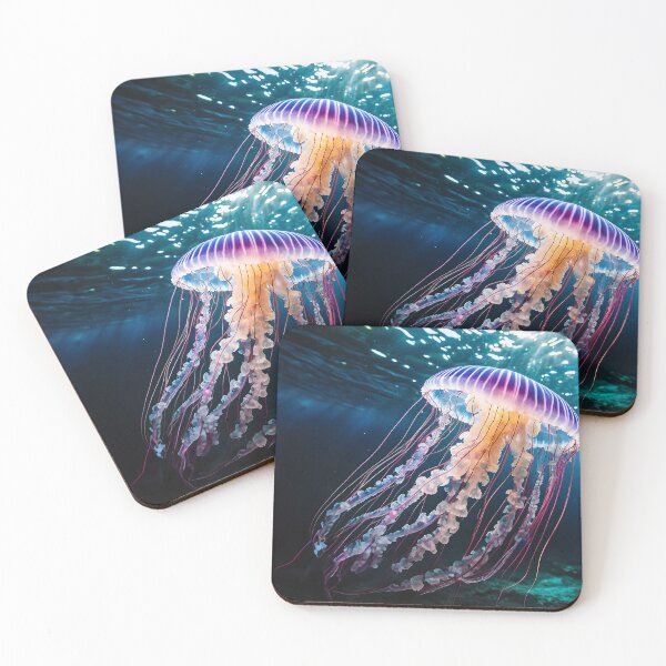 Item preview, A vibrant jellyfish floats gracefully underwater, illuminated by light rays piercing the ocean’s surface designed and sold by homydesign.