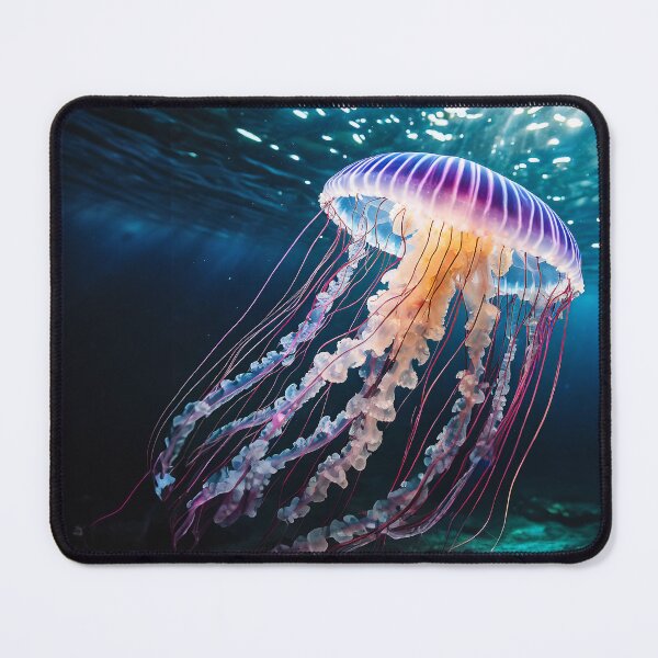 Item preview, A vibrant jellyfish floats gracefully underwater, illuminated by light rays piercing the ocean’s surface designed and sold by homydesign.