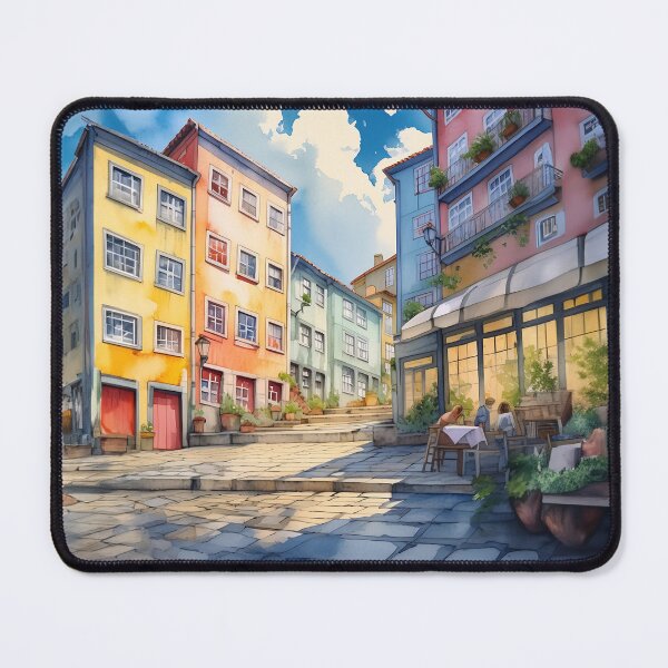 Item preview, A lively European street with colorful buildings, cobblestone paths, and outdoor dining under a bright sky designed and sold by homydesign.