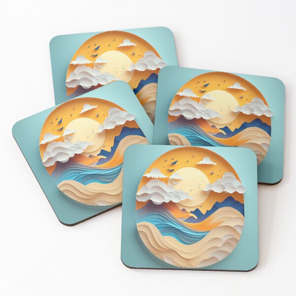 Item preview, A captivating paper cut-out artwork showcasing a tranquil sunset over undulating ocean waves and sandy dunes, all rendered in vibrant hues designed and sold by homydesign.