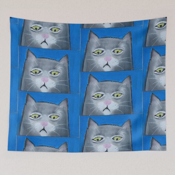 Item preview, Fuzzy Face Gray Cat on Blue designed and sold by Tori Allbright.