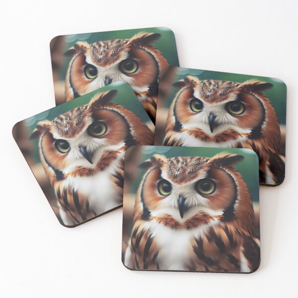 Item preview, A vivid close-up of a brown and white owl with striking green eyes emerges from the digital canvas designed and sold by homydesign.