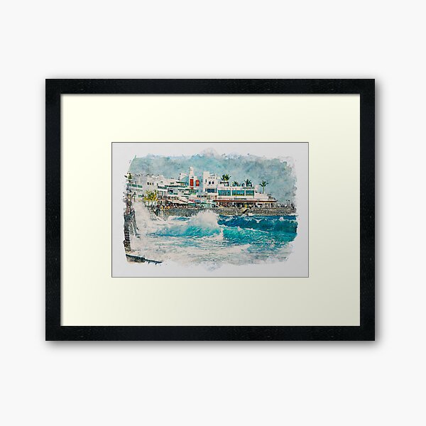 Playa Blanca Lanzarote Stormy Sea Watercolour Effect Framed Art Print