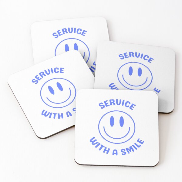 Aperçu de l'œuvre Service avec le sourire, Smiley Face, en blanc et bleu créée et vendue par AASparksDesigns.