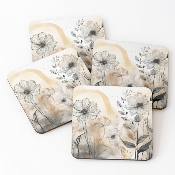 Item preview, Boho beige floral, muted pastel wildflower garden, watercolor neutral coloured botanicals, beige and black floral line arr designed and sold by navitalidesign.
