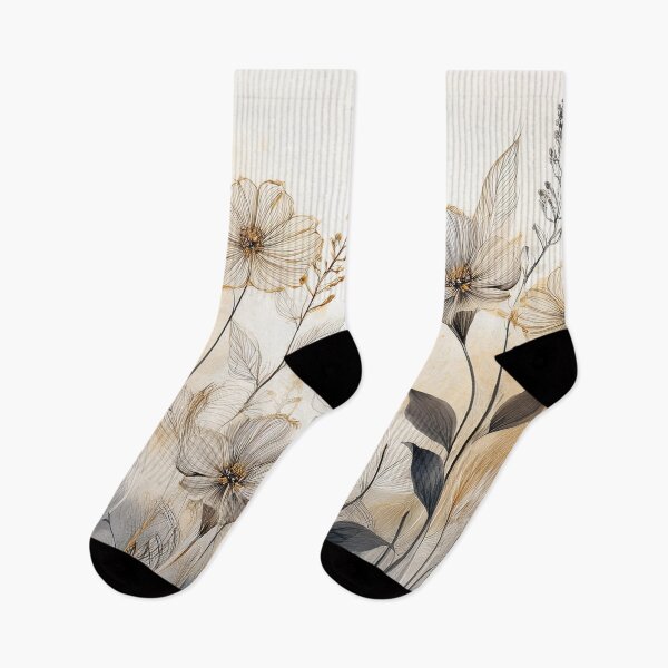 Item preview, Boho beige floral, unique painting, muted pastel wildflower garden, watercolor neutral coloured botanicals, beige and black floral line arr designed and sold by navitalidesign.