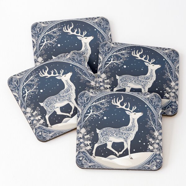 Item preview, Art Nouveau Christmas reindeer with floral design and night snow designed and sold by LumiLemon.