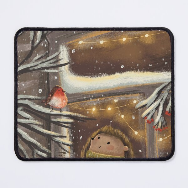 Item preview, Cristmas design with a cute hedgehog looking through the window at a robin sitting on a tree outside designed and sold by volhakaliaha.