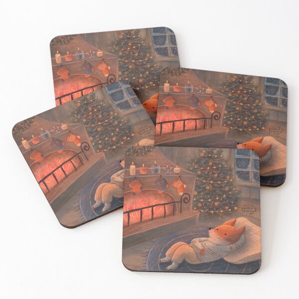 Item preview, Christmas design with a cute fox lying in front of the fireplace in a cozy Christmas decorated cottage house designed and sold by volhakaliaha.