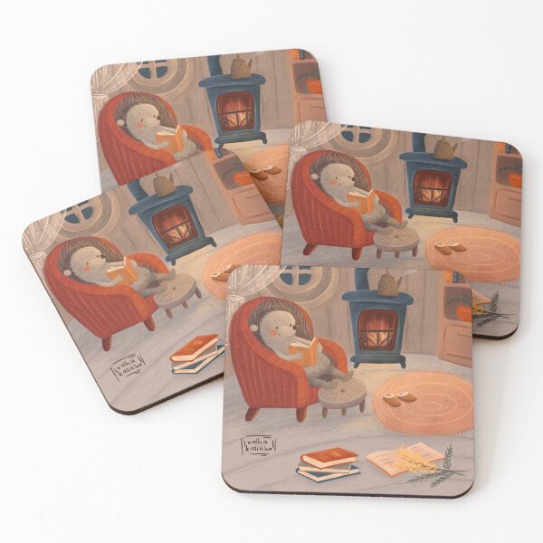 Item preview, Cozy design with a cute hedgehog reading a book in front of the fireplace in his wooden cottage  designed and sold by volhakaliaha.