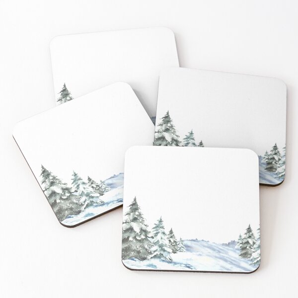 Item preview, Winter Landscape with snow covered green spruces firs, snowy Hills. Hand Painted watercolor designed and sold by BartolArt.