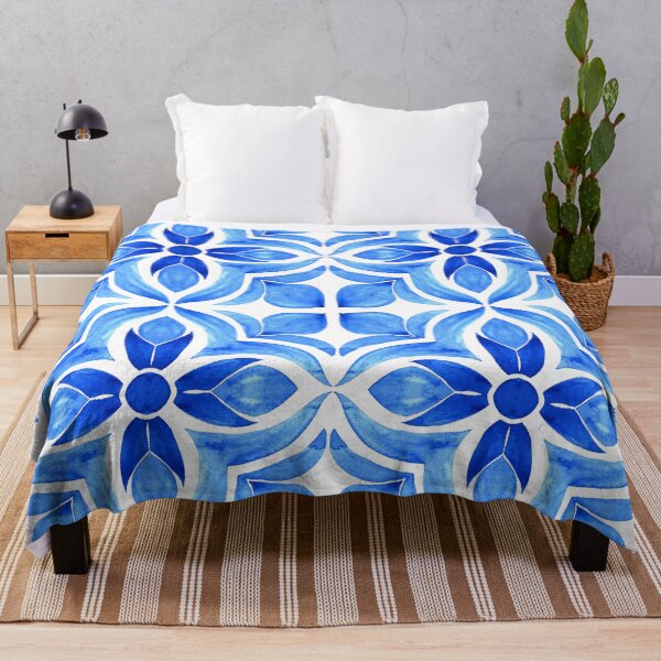 Item preview, Blue Floral Tile Watercolour Pattern – Classic Mediterranean Style designed and sold by RaiyaTees.