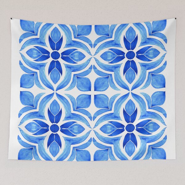 Item preview, Blue Floral Tile Watercolour Pattern – Classic Mediterranean Style designed and sold by RaiyaTees.