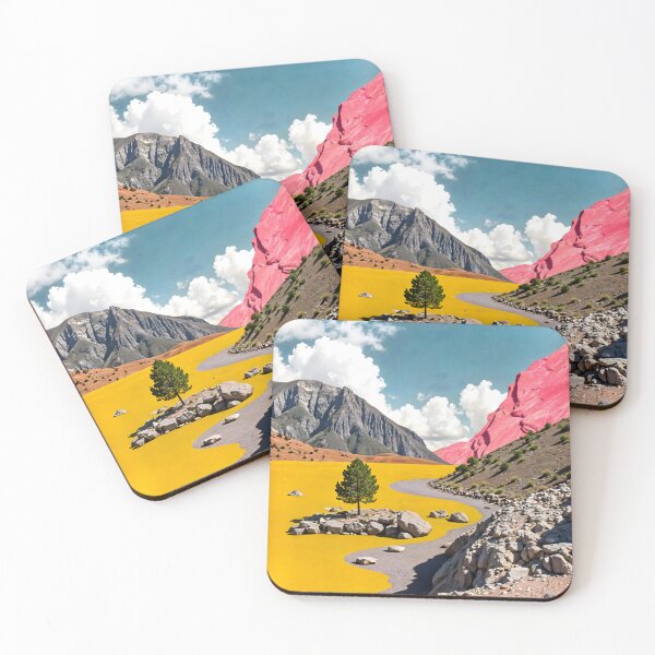 Item preview, Follow the Yellow Path, Surrealistic Travel Mountains, Whimsical Graphic Collage, Nature Inspired Eclectic Painting designed and sold by 83oranges.com.