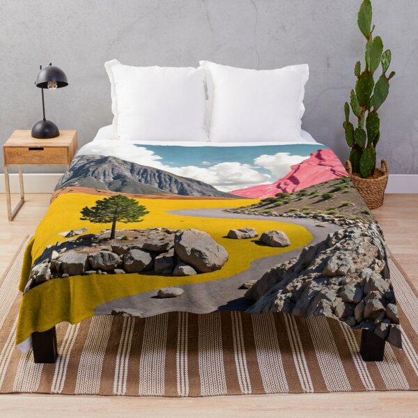 Item preview, Follow the Yellow Path, Surrealistic Travel Mountains, Whimsical Graphic Collage, Nature Inspired Eclectic Painting designed and sold by 83oranges.com.
