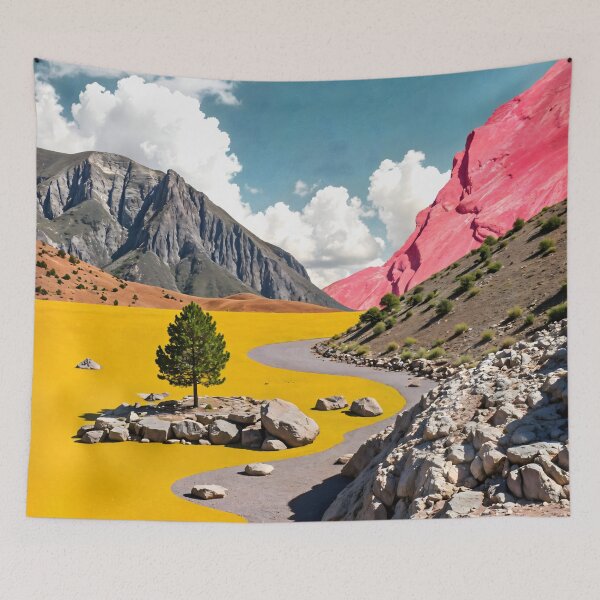 Item preview, Follow the Yellow Path, Surrealistic Travel Mountains, Whimsical Graphic Collage, Nature Inspired Eclectic Painting designed and sold by 83oranges.com.