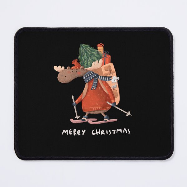 Item preview, Cozy Christmas design with a cute moose carrying a backpack with a fur tree and Christmas gifts and skiing designed and sold by volhakaliaha.