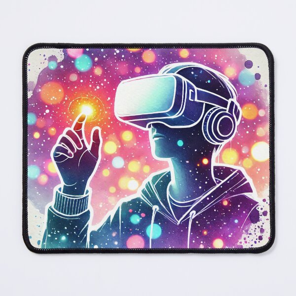 Item preview, Person wearing a VR headset in vibrant neon bokeh lights designed and sold by Giuseppe Cammino.