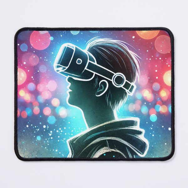 Item preview, Person wearing a VR headset in vibrant neon bokeh lights designed and sold by Giuseppe Cammino.
