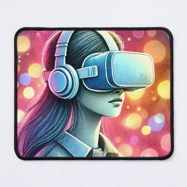 Item preview, Person wearing a VR headset in vibrant neon bokeh lights designed and sold by Giuseppe Cammino.