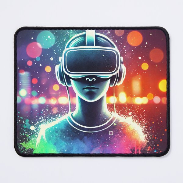 Item preview, Person wearing a VR headset in vibrant neon bokeh lights designed and sold by Giuseppe Cammino.