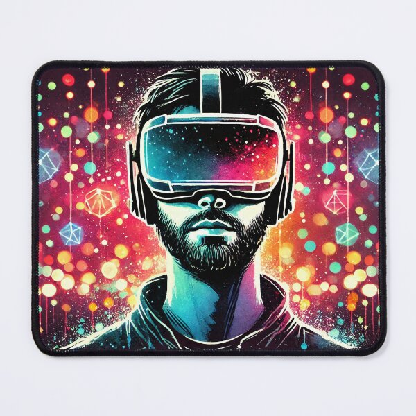 Item preview, Person wearing VR headset in vibrant neon bokeh lights designed and sold by Giuseppe Cammino.