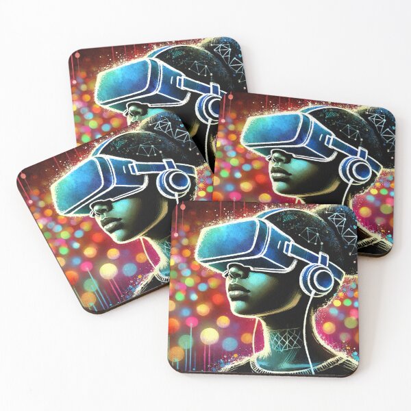 Item preview, Person wearing VR headset in vibrant neon bokeh lights designed and sold by Giuseppe Cammino.