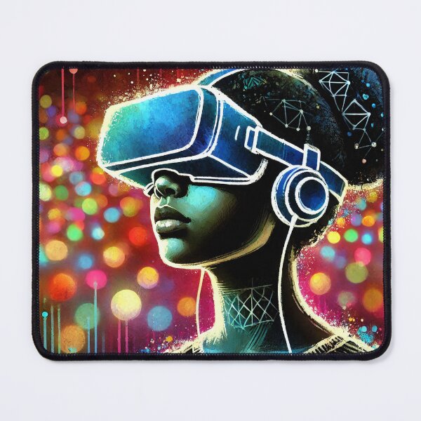 Item preview, Person wearing VR headset in vibrant neon bokeh lights designed and sold by Giuseppe Cammino.