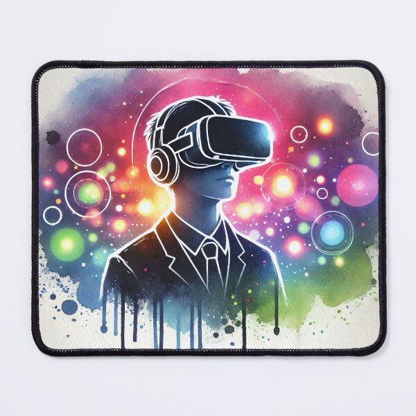 Item preview, Person wearing VR headset in vibrant neon bokeh lights designed and sold by Giuseppe Cammino.